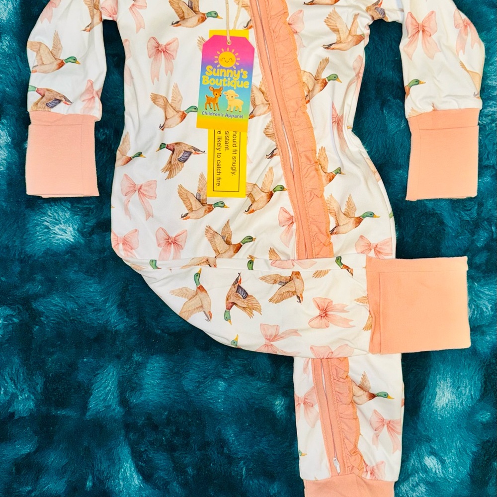 Girls' Peach Duck-Print One-Piece Pajamas
